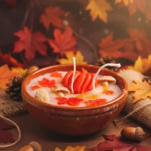 Vela Artesanal de Otoño – Escena en Cuenco Cerámico con Hojas, Calabaza y Setas